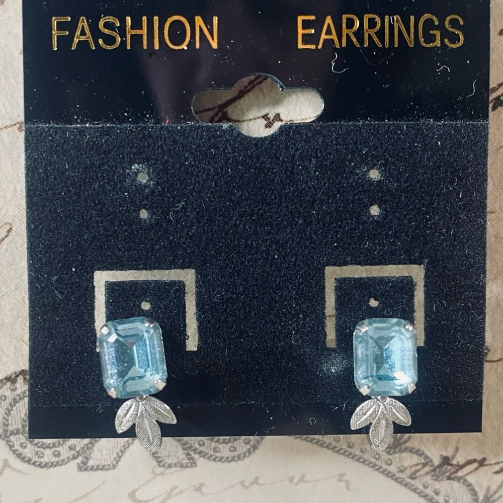 Emerald Cut Aquamarine Colored Gemstone Earrings Sterling Silver w Screw Backs